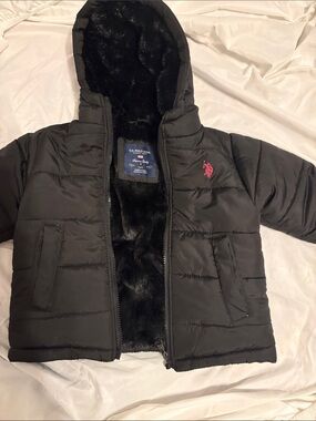 U.S. Polo Assn. Black Hooded Puffer Jacket with Pink Logo